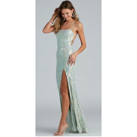 Edlyn Mint Sequin Lace-up Mermaid Formal Sleeveless Maxi Dress Sz  XL (746) - Picture 4 of 5